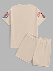 Manfinity Homme 男士休闲街头标语印花落肩宽松 T 恤和抽绳腰侧袋短裤套装，夏季舒适服装