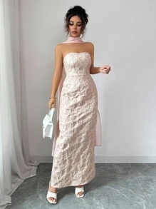 Elenzga Women's Elegant Romantic Pink & Gold Floral Jacquard Fabric Strapless Waist-Cinched Straight Hem Dress With Neck Tie, Suitable For Dates, Shopping, Music Festivals And More, Spring/Summer - Pink - View 7