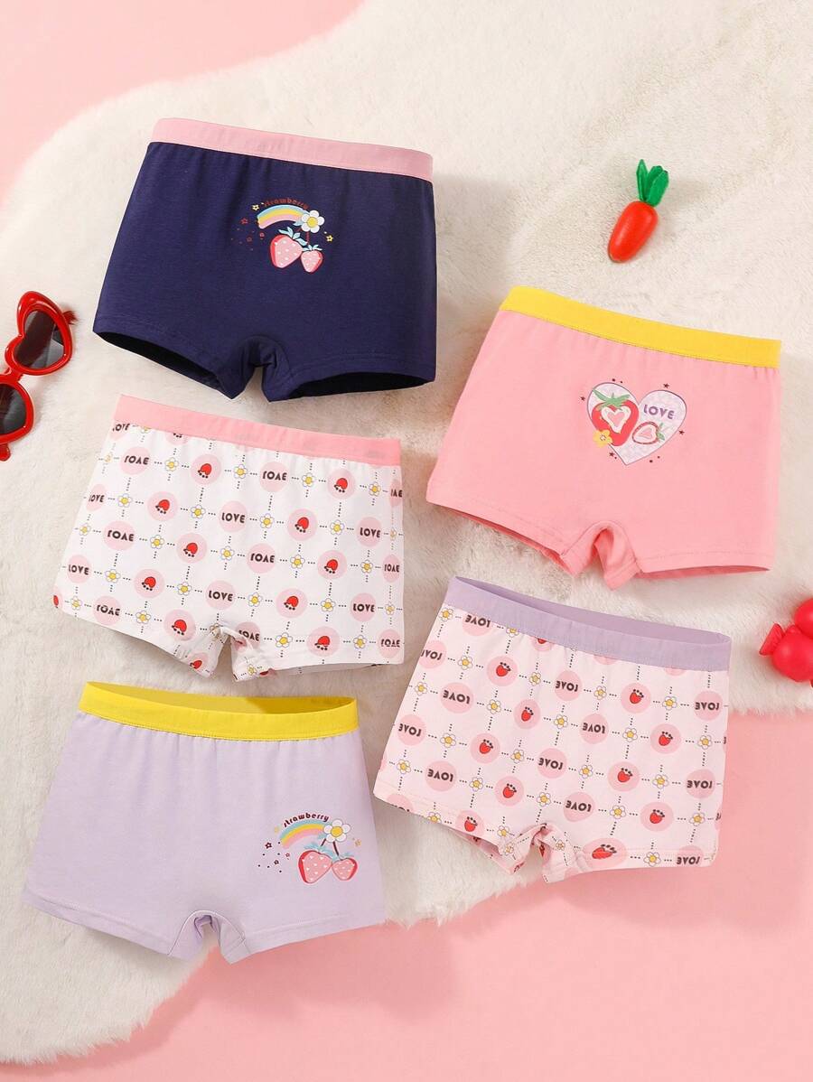 5pcs/Pack Girls' Cute Strawberry Soft Cotton Breathable Briefs, Non-Binding Waist Children Underwear - Multicolor - View 1