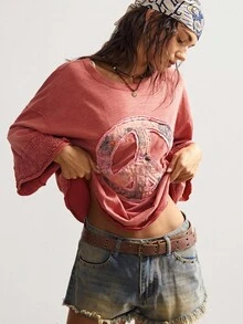 Bohemela 波西米亚风女式休闲复古纯色和平标志贴花休闲针织圆领 3/4 袖宽松水洗 T 恤，西部复古乡村风格度假，适合夏季/秋季/冬季 - 紅色 - 查看 5