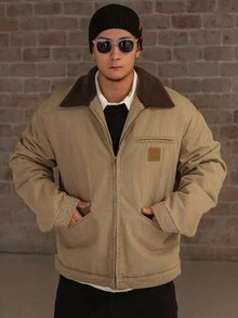 DAZY 男式牛仔领拼接设计棉服外套，水洗，冬季夹克