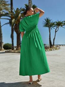 Maija Đầm suông màu trơn thanh lịch, thường ngày, cổ chữ V sâu, tay ngắn, tay bồng, thiết kế xếp ly eo, váy chữ A rộng, váy maxi màu vàng, váy đi nghỉ thường ngày cho nữ - màu xanh lá - Xem 2