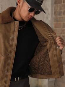 DAZY Men's Brown Leather Patchwork Collar Thick Insulated Jacket, Winter - Brown - View 11