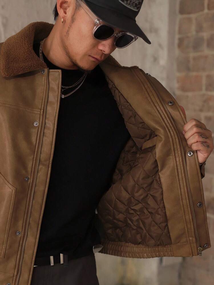 Men's Brown Leather Patchwork Collar Thick Insulated Jacket, Winter