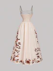 SHEIN MOD 女士碎花束腰优雅时尚吊带连衣裙 - 乾枯玫瑰色 - 查看 2