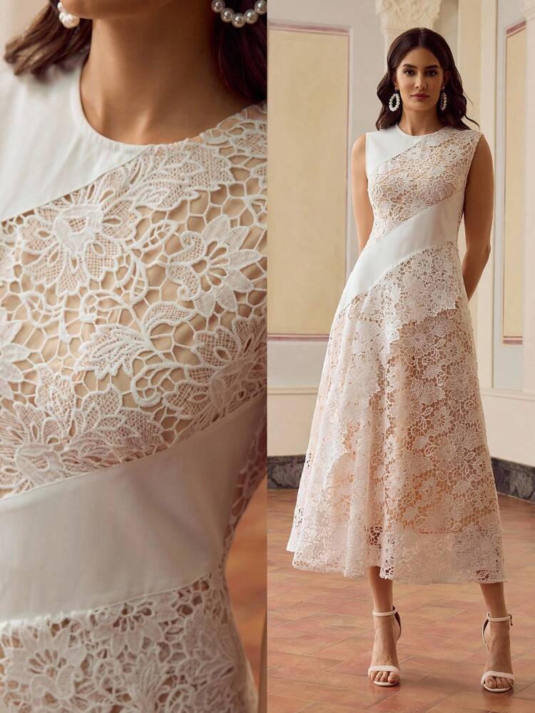 ZEYLAH Vestido largo elegante sin mangas con parches de encaje
