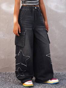 Coolane Tween Girls Four Seasons Front Button Pocket Five Pointed Star Frayed Hem Simple Casual Jeans, Back To School,Streetwear Fall/Winter - Black - View 1