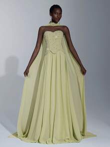 Elitara 优雅奢华手工水钻装饰露肩荷叶边性感弹力针织拼布雪纺长裙，适合婚礼、派对、单身活动、度假、舞会、晚礼服 - 草綠色 - 查看 6