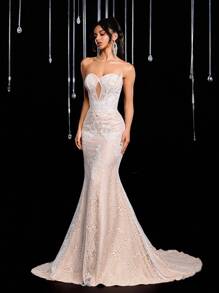 Glamrae 优雅奢华无肩带蕾丝美人鱼礼服，适合婚礼、派对、度假、庆典、正式活动（重度装饰）