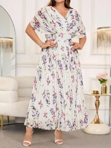 SHEIN Clasi 大码女式连衣裙，夏季优雅花卉印花褶皱长裙，浪漫飘逸连衣裙派对装大码女装外出装秋季服装女式长裙女式连衣裙女式连衣裙优雅优雅女式连衣裙大码女式秋季连衣裙女式派对连衣裙 - 彩色 - 查看 4