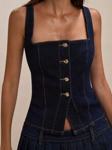 SHEIN BAE Women's Minimalist Denim Blue Casual Button Front Sleeveless Denim Vest, Fall, Old Money, Commuter Casual,Travel Airport ,Airport ,Teacher For Women,Going Out Tops Women,Work For Women,Business Casual Woman,Fall , Washed Denim Top - Medium Wash - View 7