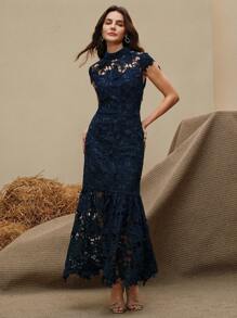 Anewsta Navy Blue Elegant Embellished Party Mermaid Hem Short Sleeve Dress