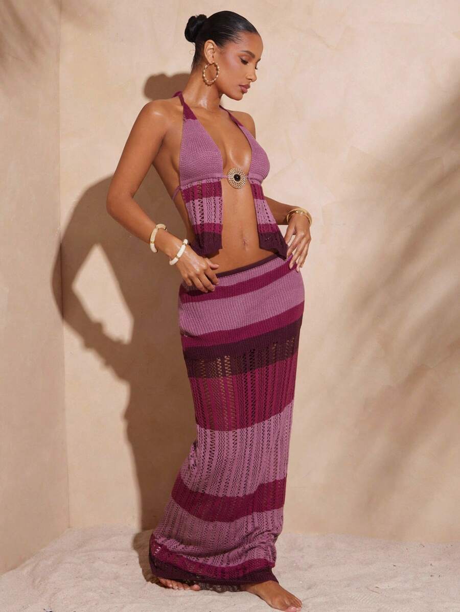 Hauture 女士条纹镂空设计超长时尚针织中长裙 - 紫色 - 查看 1