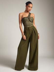 Hauture 女士性感褶皱腰弹力紧身衣，搭配时尚金属饰边，适合办公室和休闲风格 - 橄欖綠 - 查看 3