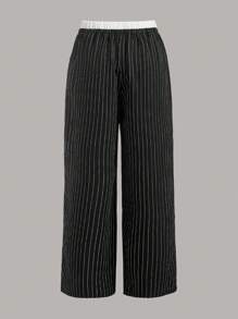 SHEIN EZwear 女士休闲撞色腰带条纹直筒裤，适合日常穿着，适合唇线 - 彩色 - 查看 3