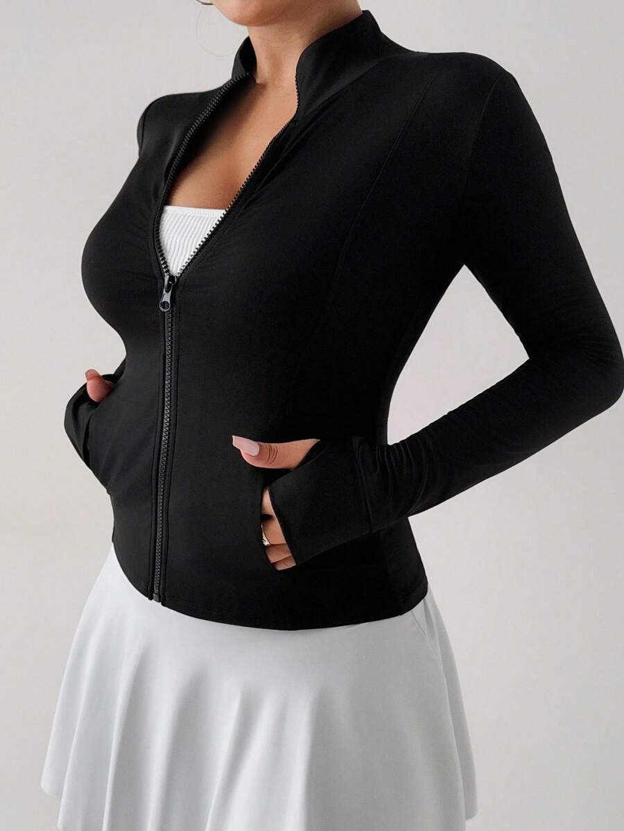 DAZY 高领修身长袖瑜伽户外夹克 - 黑色 - 查看 1