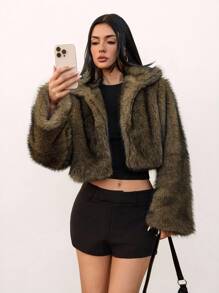 SHEIN Tall 女式复古风格前开仿毛领大衣，冬季时尚外套 - 棕色 - 查看 4