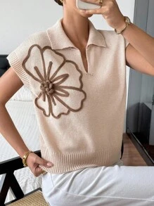 SHEIN Frenchy 女士撞色刺绣休闲百搭短袖针织上衣 - 杏色 - 查看 3
