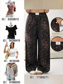 SHEIN EZwear 大码女式豹纹字母贴花口袋阔腿休闲裤 - 彩色 - 查看 7