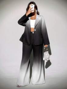 Viva Relle 大码渐变色喇叭裤，优雅西装套装 - 黑與白 - 查看 7