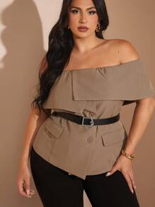 SHEIN BAE 秋冬大码女式露肩西装上衣 - 棕色 - 查看 4
