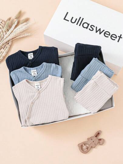 SHEIN 6件套休闲婴儿服装，柔软棉混纺长袖连体衣和长裤，适合新生儿，春夏秋冬皆宜。