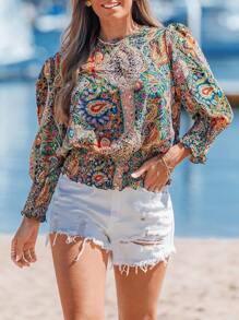 Sylviya 女士圆领泡泡袖荷叶边休闲通勤衬衫 - 彩色 - 查看 5