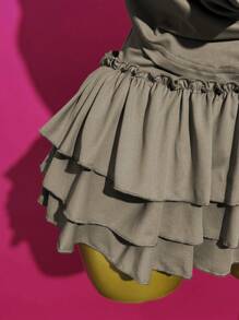 Slaydiva 2 Pieces Set: Sleeveless V-Neck Halter Top + Ruffled Mini Skirt With Bow Decoration, Chic Streetwear Outfit, Suitable For Music Festival, Easter, Graduation Season, Casual Wear, 2025 Spring/Summer New Arrival - Khaki - View 3