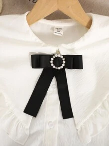 SHEIN Tween Girl Ruffle Collar White Long Sleeve Blouse, Elegant White Long Sleeve Shirt, Preppy White Shirt, Back To School, Autumn - White - View 3