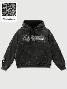 ROMWE MEN Street Life Sudadera con capucha con adornos de rhinestone para hombres, apta para uso diario, otoño, parte superior de manga larga - Negro - Ver 1