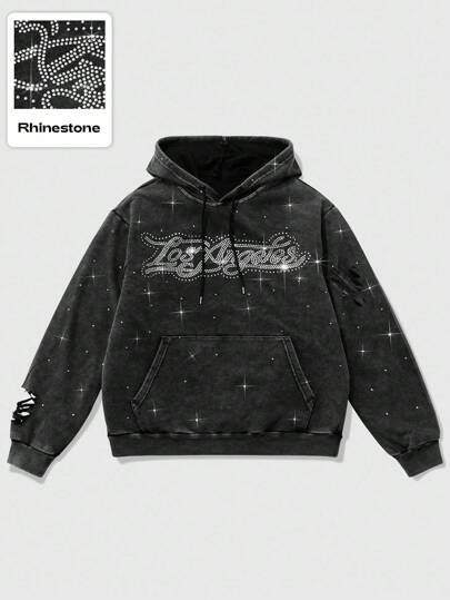 Street Life Men's Rhinestone Embellished Hoodie, Suitable For Everyday Wear , Fall