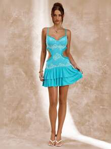 SHEIN BAE 纯橙色性感修身镂空蕾丝拼布女式紧身连衣裙，露背蕾丝连衣裙，夏季连衣裙，优雅连衣裙 - 淺藍色 - 查看 7