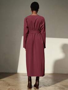 GENKIRA Cross Waist Slim Retro High-End 2 In 1 Lapel Long Sleeve Dress Dresses For Women Elegant  - Burgundy - View 4