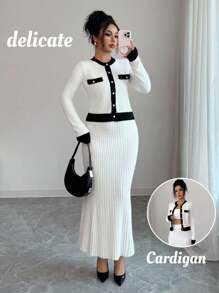 Selianne Women's Autumn Knit Sweater Cardigan&Skirt Two Pieces Set,White And Black Contrast Color Ellegant Tea Party Long Sleeve Stockholm Style Office Wear - Multicolor - View 2
