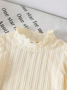 SHEIN Vintaside Kids 女婴针织提花高领长袖上衣和编织花卉刺绣围兜连体衣秋季服装套装，秋冬 - 巧克力棕 - 查看 7