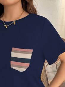 EMERY ROSE Camiseta informal de mujer talla grande con bloques de color y rayas y bolsillo, apta para el verano - Multicolor - Ver 5