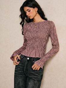 Poéselle 女式格子圆领喇叭袖套头衫 - 鏽棕色 - 查看 7