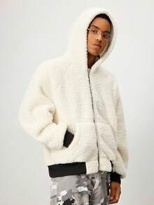 ROMWE MEN Casual Men's Loose Fit Hooded Jacket In Plush Fabric , Fall Winter - White - View 6