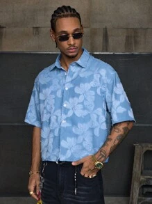 AXEPEAK 多尺寸时尚街头风翻领宽松短袖男士蓝色纽扣衬衫 - 淺藍色 - 查看 5