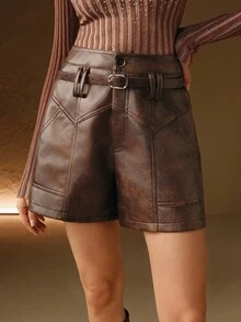 Anewsta Women's Autumn/Winter PU Leather Distressed Brown Maillard Quilted Paneled Design Versatile Elegant Romantic Retro Modern Waist Belt Design Shorts - Khaki - View 1
