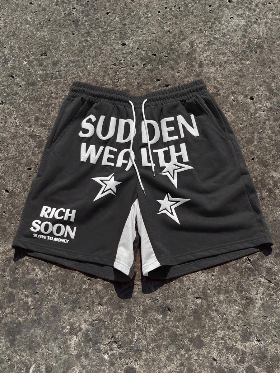 Manfinity EMRG Quần short họa tiết chữ Colorblock thường ngày mùa hè dành cho nam - Màu xám đen - Xem 1