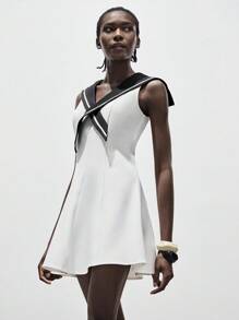 Lumivelle 女士极简水手领复古法式航海风撞色无袖A字迷你连衣裙，适合约会、春夏穿着，全白夏季连衣裙，适合大学校园穿着。 - 白色 - 查看 7