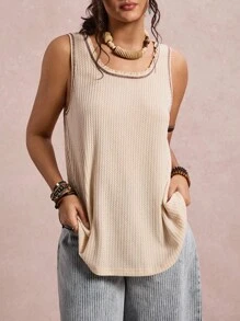 SHEIN VCAY Plus Size Casual Solid Color Tank Top, Summer Going Out Tops Women Basic Tops School Teacher Western Vintage Winter Fall Boho Old Money - Apricot - View 4