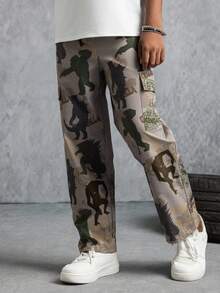 GODZILLAxKONG X SHEIN Pantalones cargo rectos de cintura elástica con estampado de monstruo, estilo casual y moderno para niño preadolescente - Verde militar - Ver 1