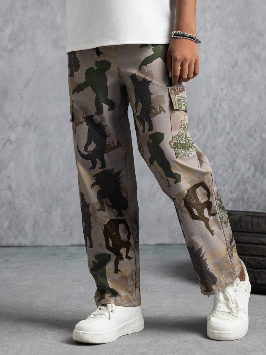 GODZILLAxKONG X SHEIN Pantalones cargo rectos de cintura elástica con estampado de monstruo, estilo casual y moderno para niño preadolescente - Verde militar - Ver 1