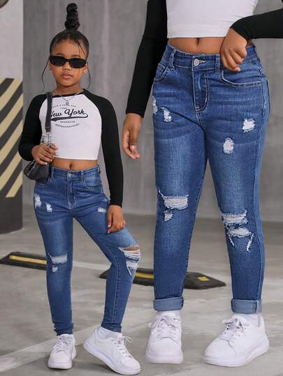 Y2K 青少年女孩时尚舒适百搭紧身破洞牛仔裤，适合日常穿着