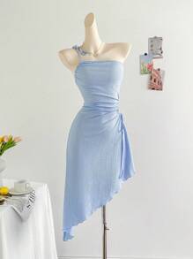 Soleia 女士单肩系带抽绳镂空腰不对称斜下摆中长款度假连衣裙，适合度假、下午茶、音乐节、波西米亚风 - 淺藍色 - 查看 7