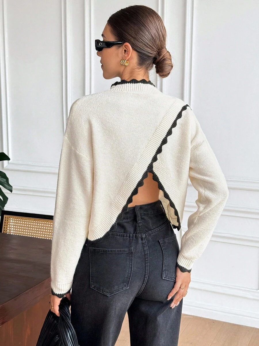 Serisse Áo len nữ tay dài cổ đứng không lưng viền tương phản, kiểu dáng thanh lịch, thích hợp cho mùa thu, sang trọng, công sở, đi chơi, giáo viên, đi học, mùa đông. - Màu be - Xem 1