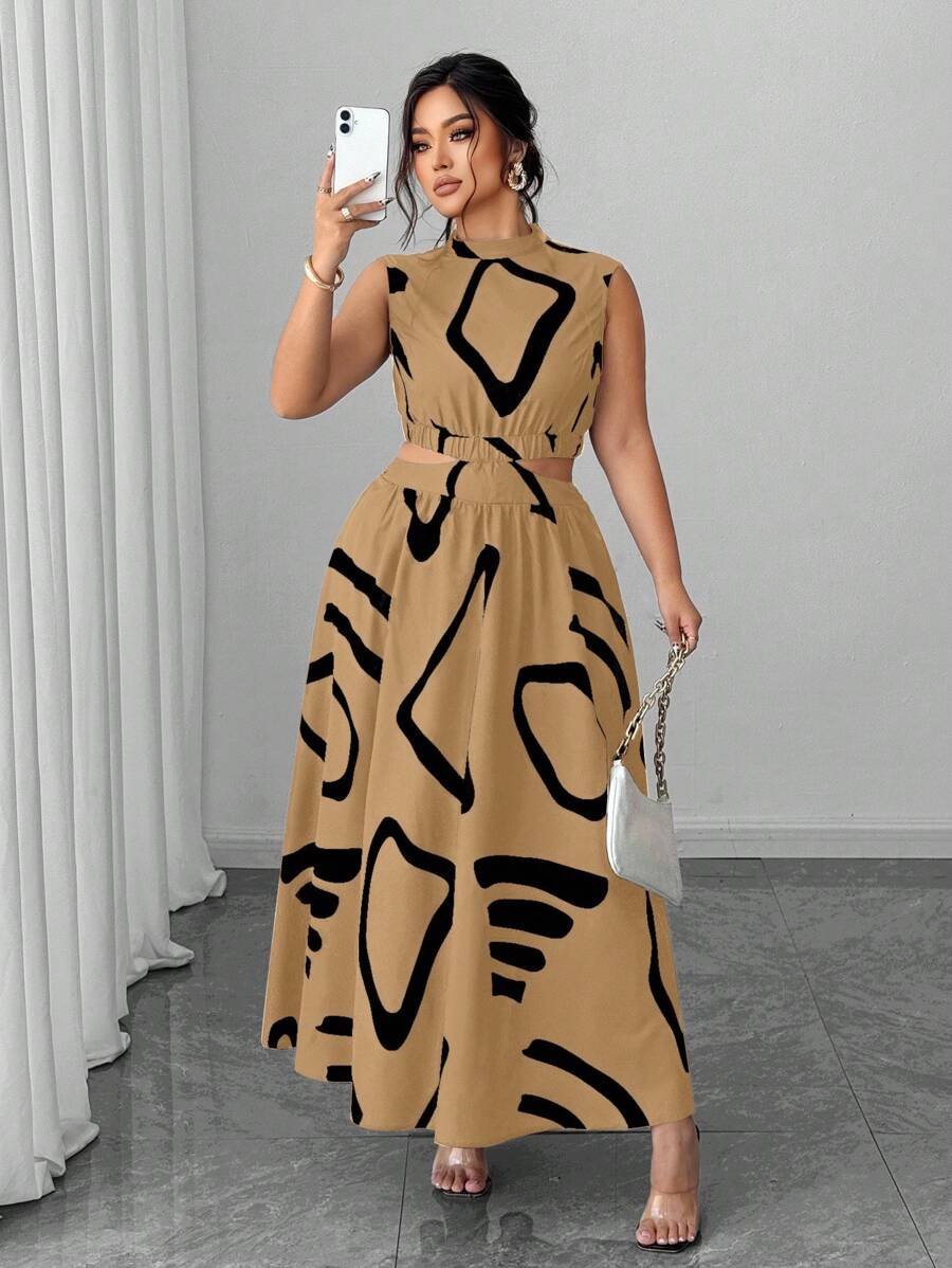 Elenzga 大码无袖短款上衣性感优雅休闲/度假连衣裙 - 卡其色 - 查看 1