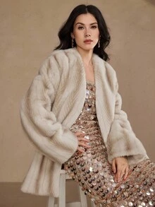DAZY Women's Fluffy Colorblock Loose Casual Business Jacket, Elegant For New Year, Christmas, Wedding Party, Autumn/Winter Women Coats Modest Fashion - Beige - View 6
